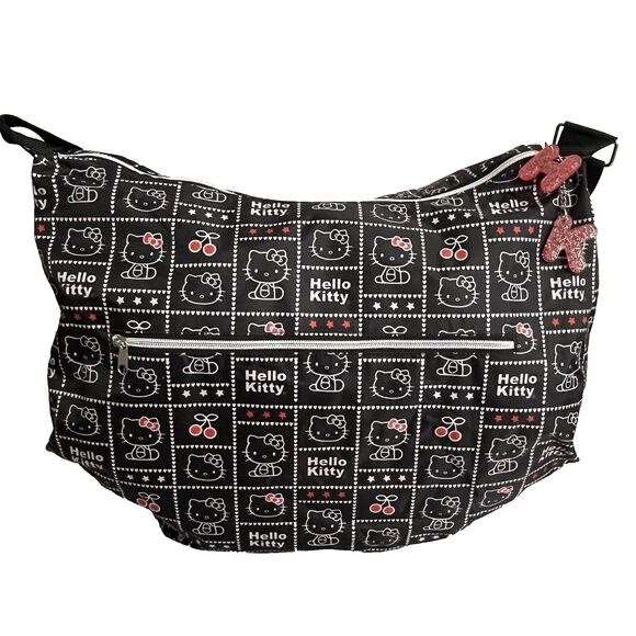 Hello Kitty Lightweight Duffle Weekend School Travel Bag Black Cherries Keychain - Picture 1 of 15
